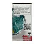 A product box displays a list of ingredients, including hydrolyzed collagen and natural flavors, alongside a QR code and a note about potential allergens, set against a colorful background.