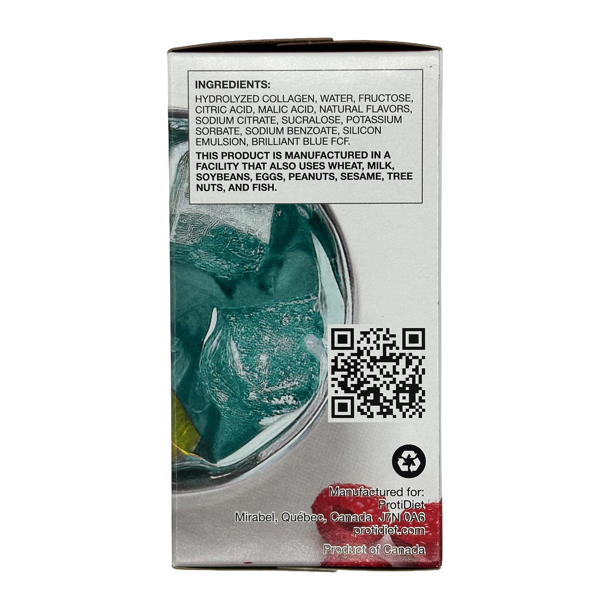 A product box displays a list of ingredients, including hydrolyzed collagen and natural flavors, alongside a QR code and a note about potential allergens, set against a colorful background.