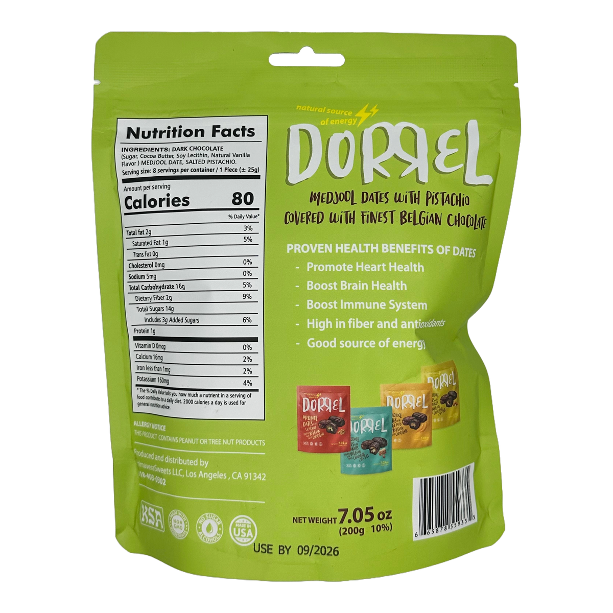 Dorrel Sweets Chocolate Covered Snacks - Chocolate Date Pistachio, 7.05 oz