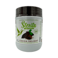 A white container of Stevita Naturals Cocoa Delight cocoa powder features a green logo, a hummingbird graphic, and labels indicating it's fair-trade, non-GMO, and sugar-free.