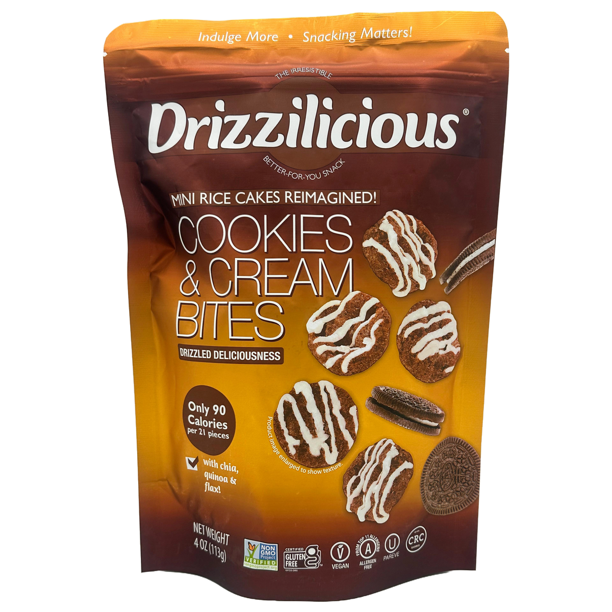 Front package of Drizzilicious Bites - Mini Rice Cakes, Cookies & Cream / 4oz