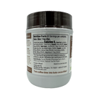 A white container with a brown lid displays nutrition facts and ingredients for a cocoa powder product, highlighting low calories and keto-friendly features, set against a black background.