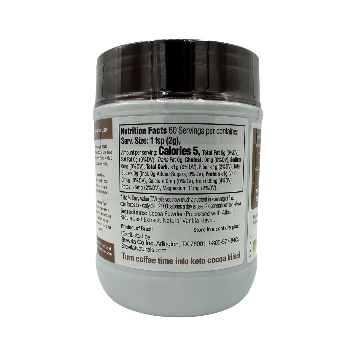 A white container with a brown lid displays nutrition facts and ingredients for a cocoa powder product, highlighting low calories and keto-friendly features, set against a black background.