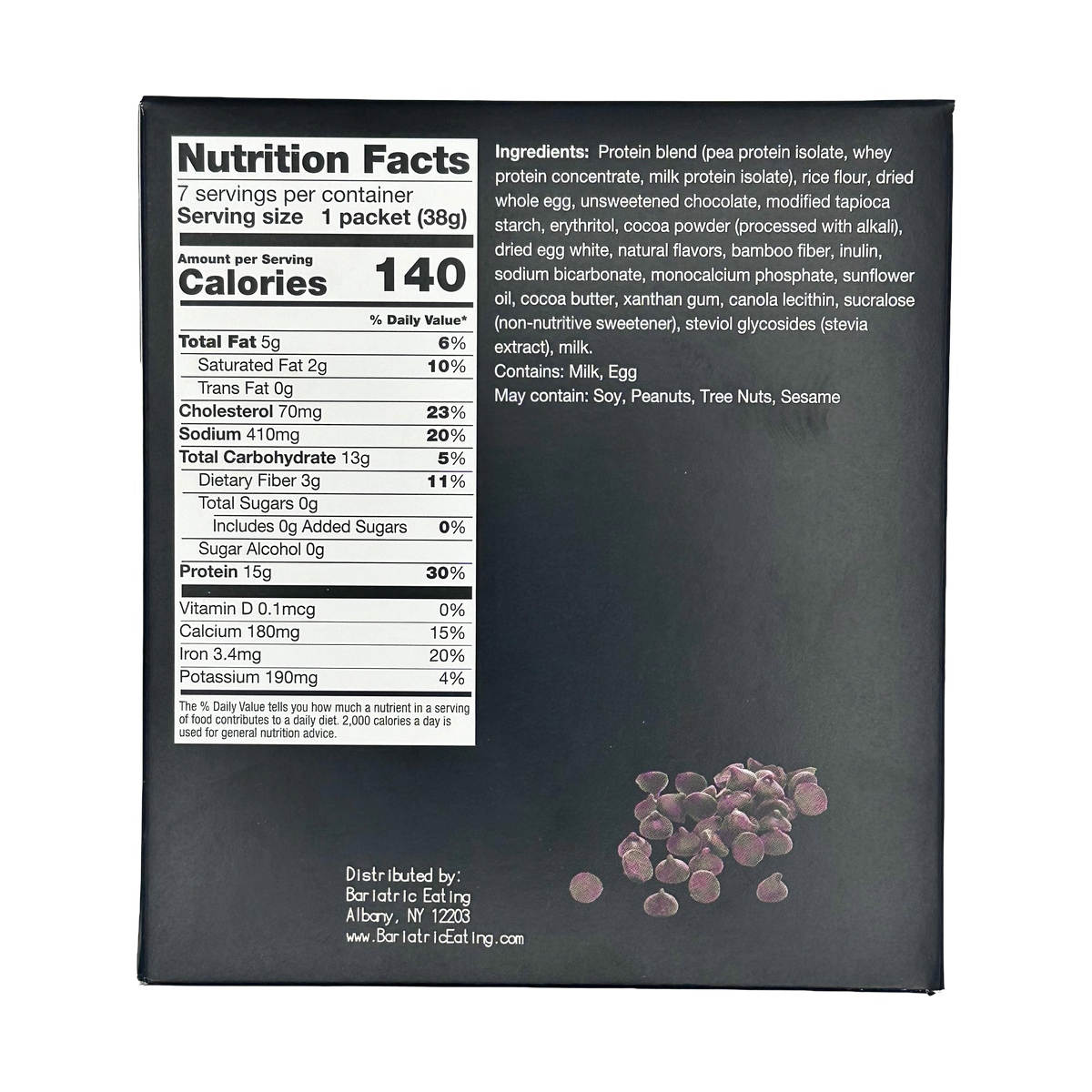 A black product box displays nutrition facts and ingredients for a protein blend, listing calories, serving size, and potential allergens, with small chocolate chips in the bottom corner.