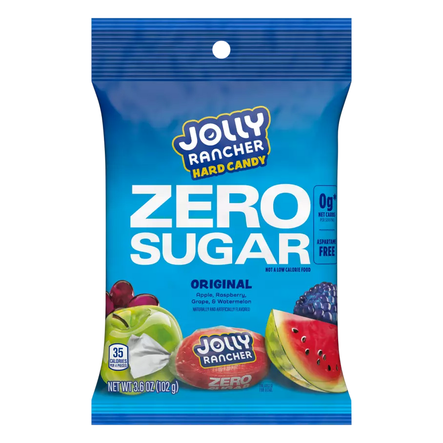 A blue bag of Jolly Rancher Zero Sugar hard candy features colorful fruit images, labeled "Original" with flavors like apple, raspberry, grape, and watermelon, and highlights that it contains 0g net carbs.