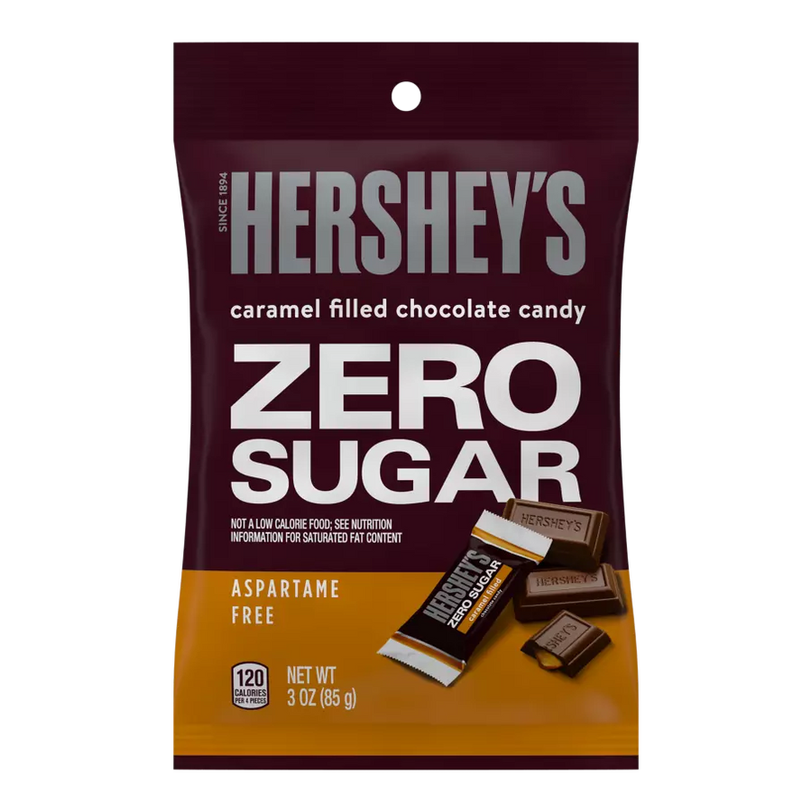 A maroon bag of Hershey's Zero Sugar caramel-filled chocolate candy displays the product name prominently, with images of chocolate pieces and nutritional information highlighted.