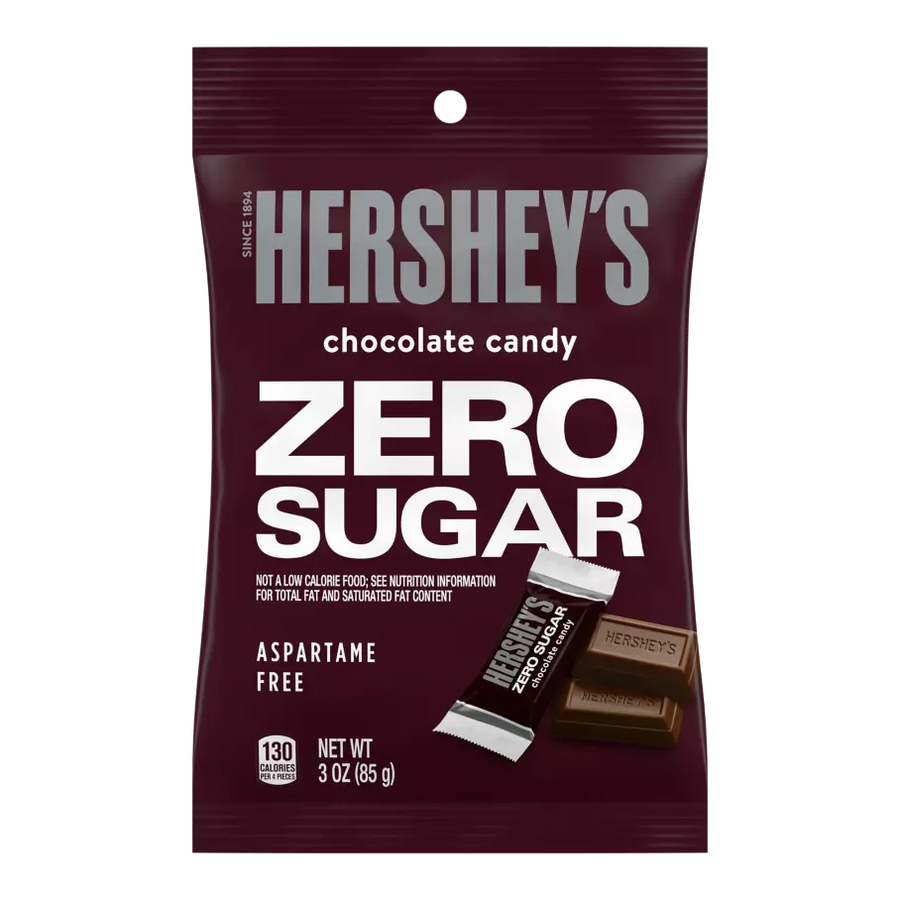 A maroon package of Hershey's Zero Sugar chocolate candy features bold white text, highlighting its zero sugar content and aspartame-free label, with a net weight of 3 ounces.