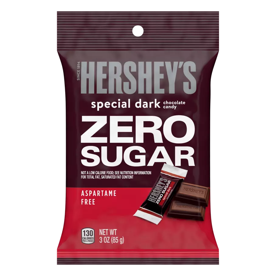 A red and brown package of Hershey's Special Dark chocolate candy labeled "Zero Sugar," featuring a small chocolate bar and nutritional information at the bottom.