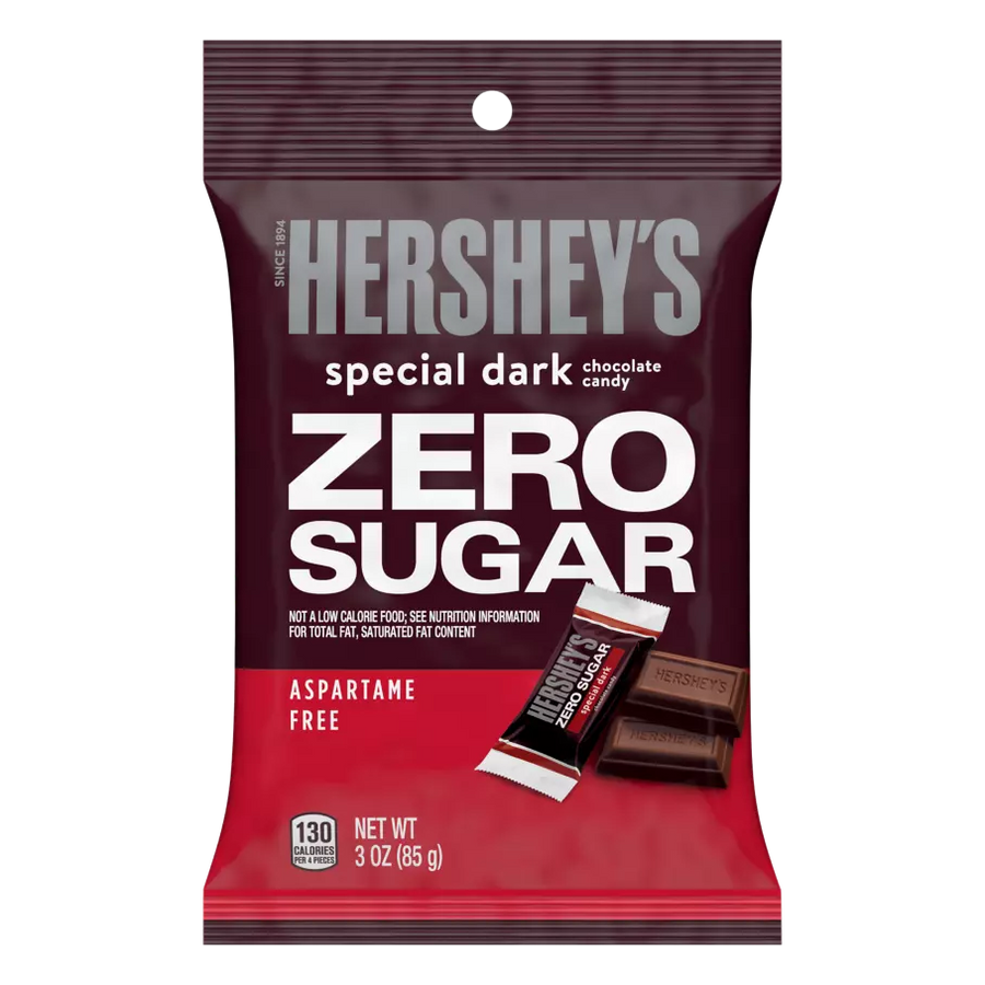 A red and brown package of Hershey's Special Dark chocolate candy labeled "Zero Sugar," featuring a small chocolate bar and nutritional information at the bottom.