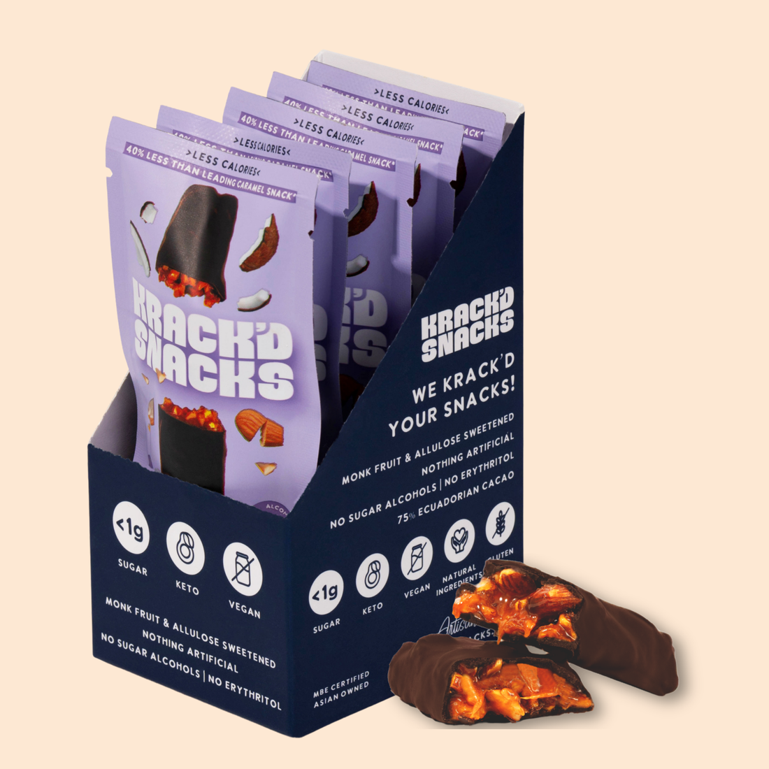 A display box of Krack'd Snacks features several colorful packages, with one chocolate-covered snack partially broken open to reveal its crunchy interior, set against a light peach background.