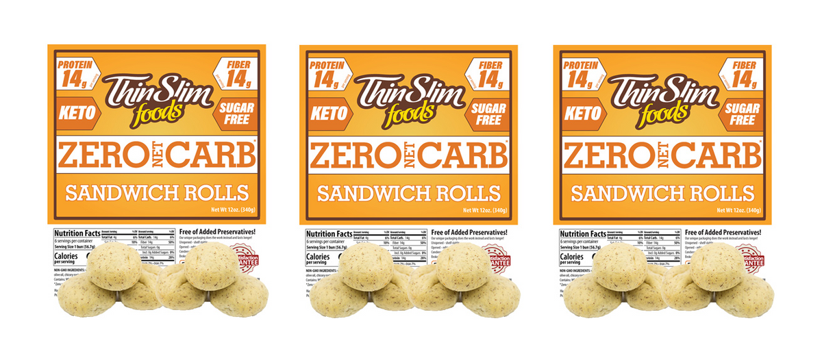 Three ThinSlim Foods Zero Net Carb Sandwich Rolls labels with rolls.