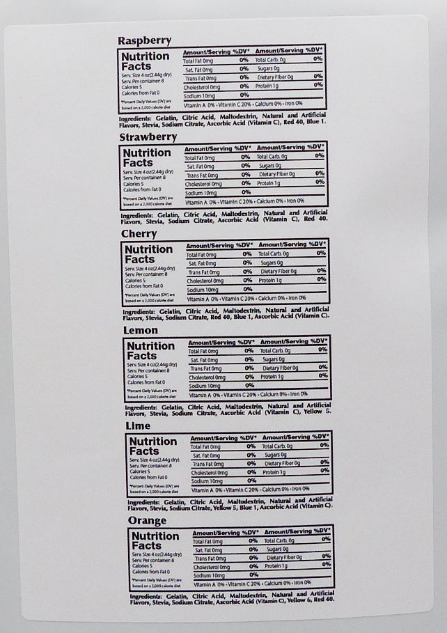A printed nutrition facts sheet lists information for various fruit flavors including raspberry, strawberry, cherry, lemon, lime, and orange, detailing ingredients and nutritional values per serving.