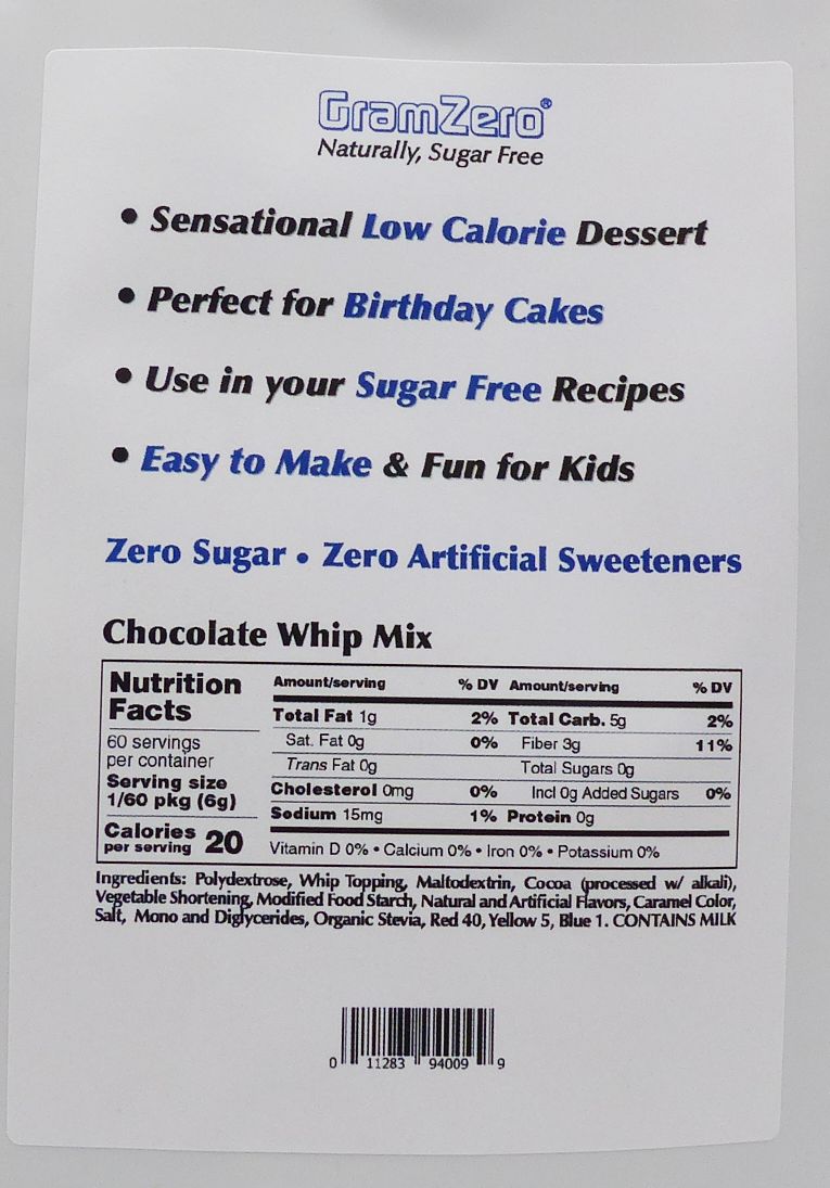 GramZero Stevia Sweetened Sugar Free Frosting/Topping/Mousse Mix - Chocolate Whip 4 pouches
