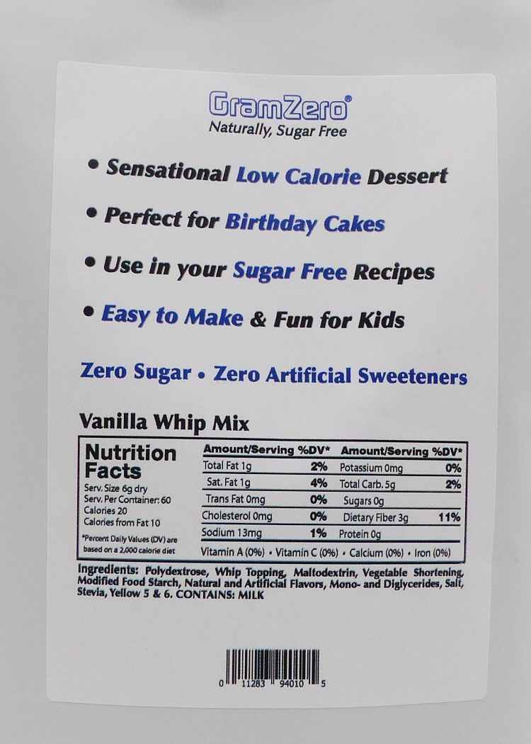 GramZero Stevia Sweetened Sugar Free Frosting/Topping/Mousse Mix - Vanilla Whip 4 pouches