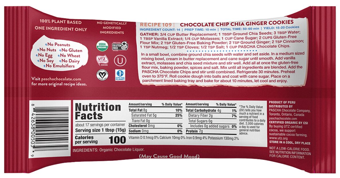 Pascha 100% Cacao Unsweetened Dark Chocolate Baking Chips 8.8 oz.