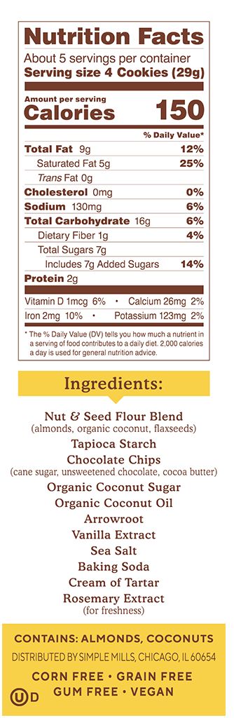 Simple Mills Crunchy Cookies, 5.5oz. - Chocolate Chip