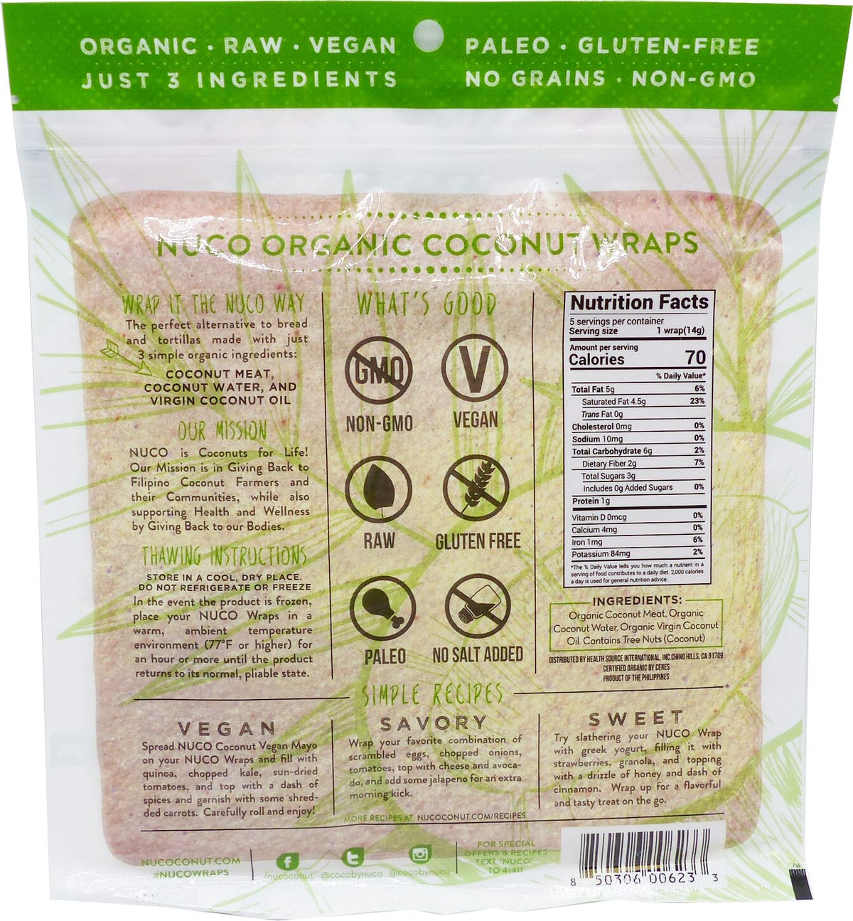 Nuco Coconut Wraps - 5 wraps, Organic, Original