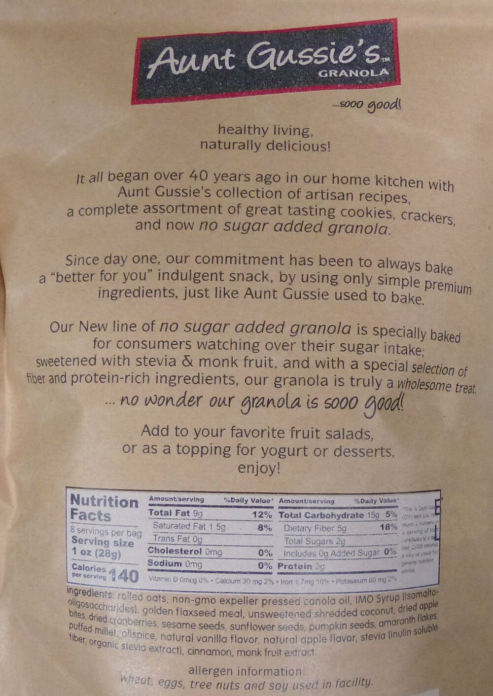 Aunt Gussie's No Sugar Added Granola 8 oz - Cranberry-Apple