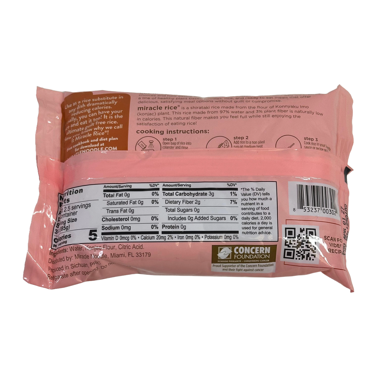 A pink package of "Miracle Rice," featuring nutrition facts and cooking instructions, highlights its low-calorie content and ingredients, emphasizing it as a rice substitute made from konjac.