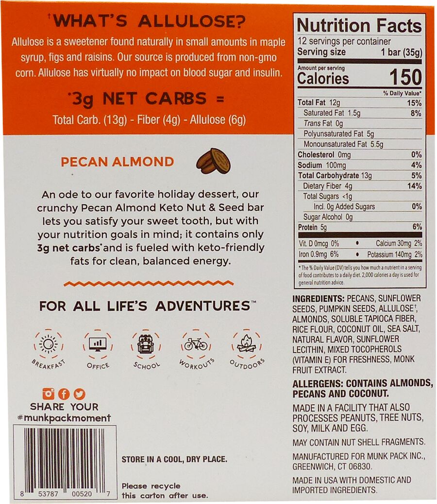 Munk Pack Keto Nut & Seed Bar, 12 Bars - Pecan Almond