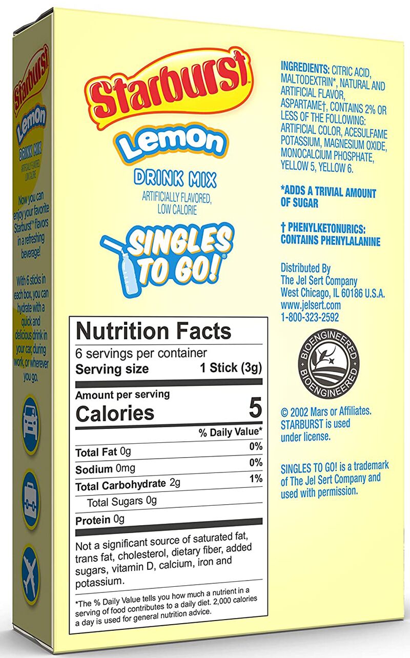 Starburst Zero Sugar Singles-to-Go - Lemon 6 sticks