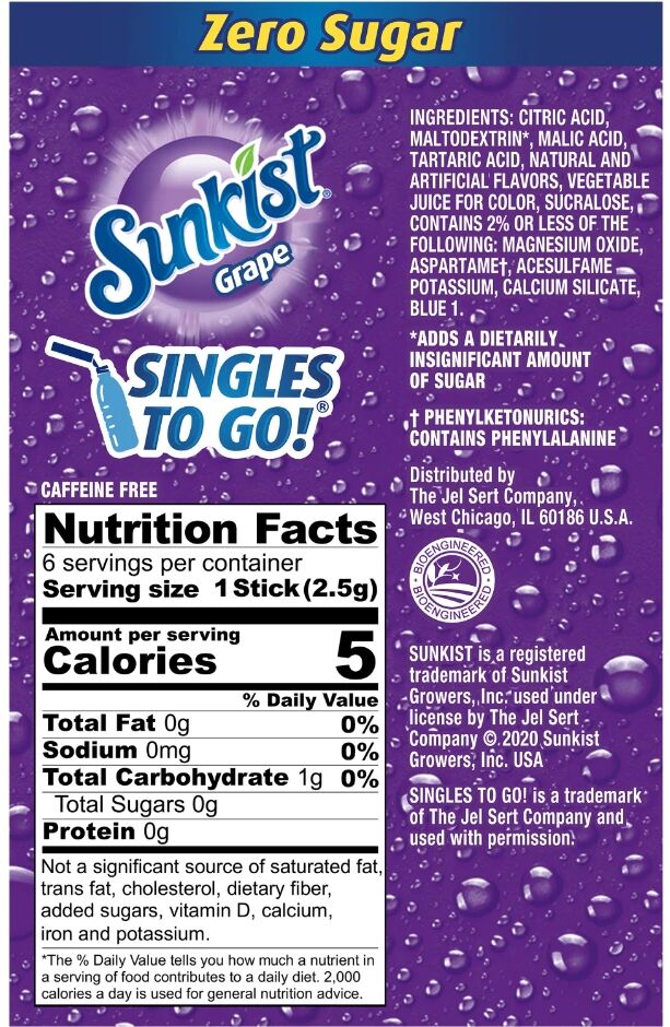 Sunkist Zero Sugar Singles-to-Go - Grape 6 sticks
