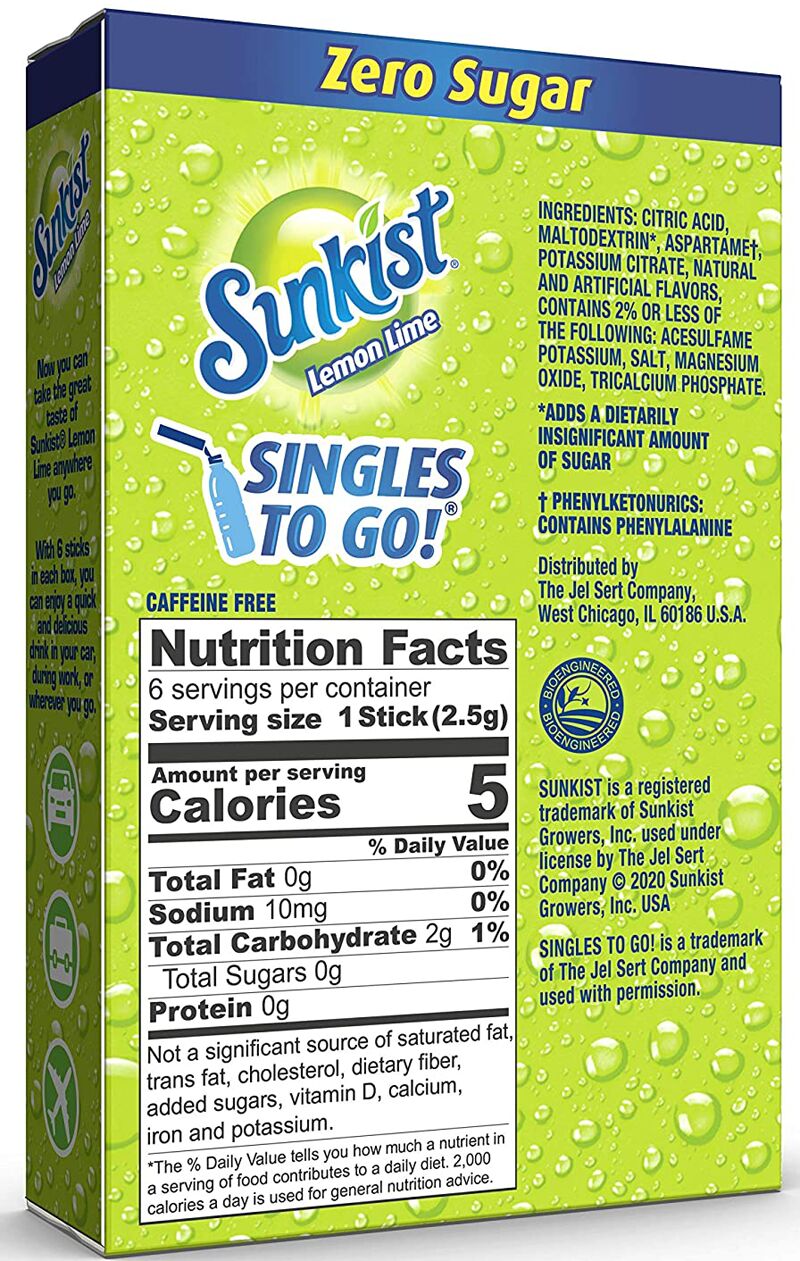 Sunkist Zero Sugar Singles-to-Go - Lemon Lime 6 sticks