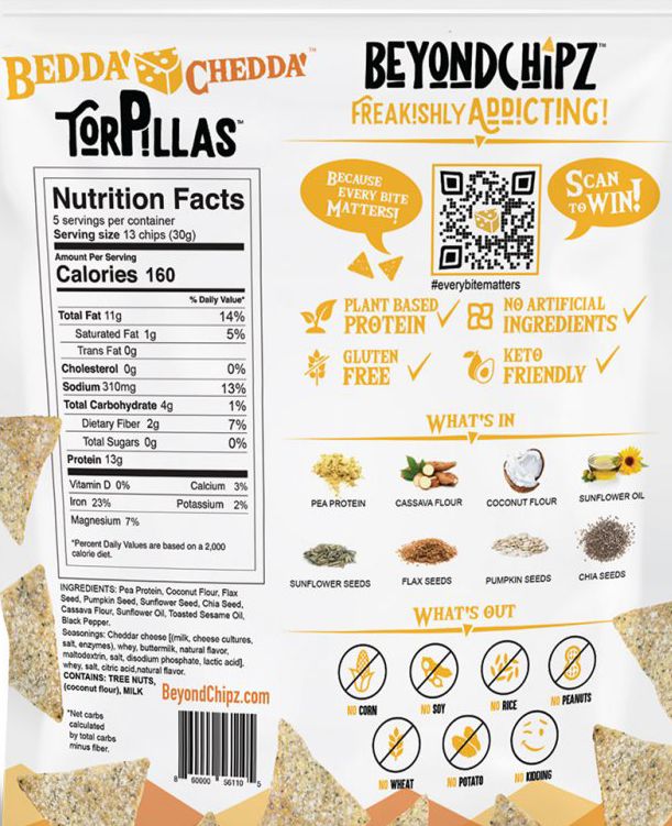 BeyondChipz Torpillas High Protein Tortilla Chips - Bedda Chedda (CLEARANCE: Best by December 26, 2023)