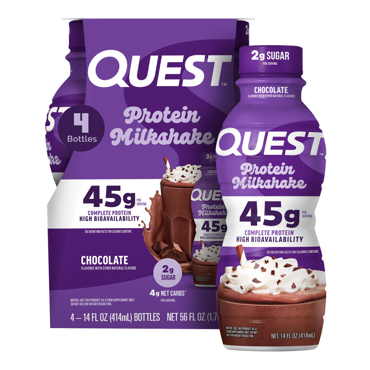 Quest Nutrition 45g Protein Milkshake, 14 fl oz (4 pack) in Chocolate, product image 7.