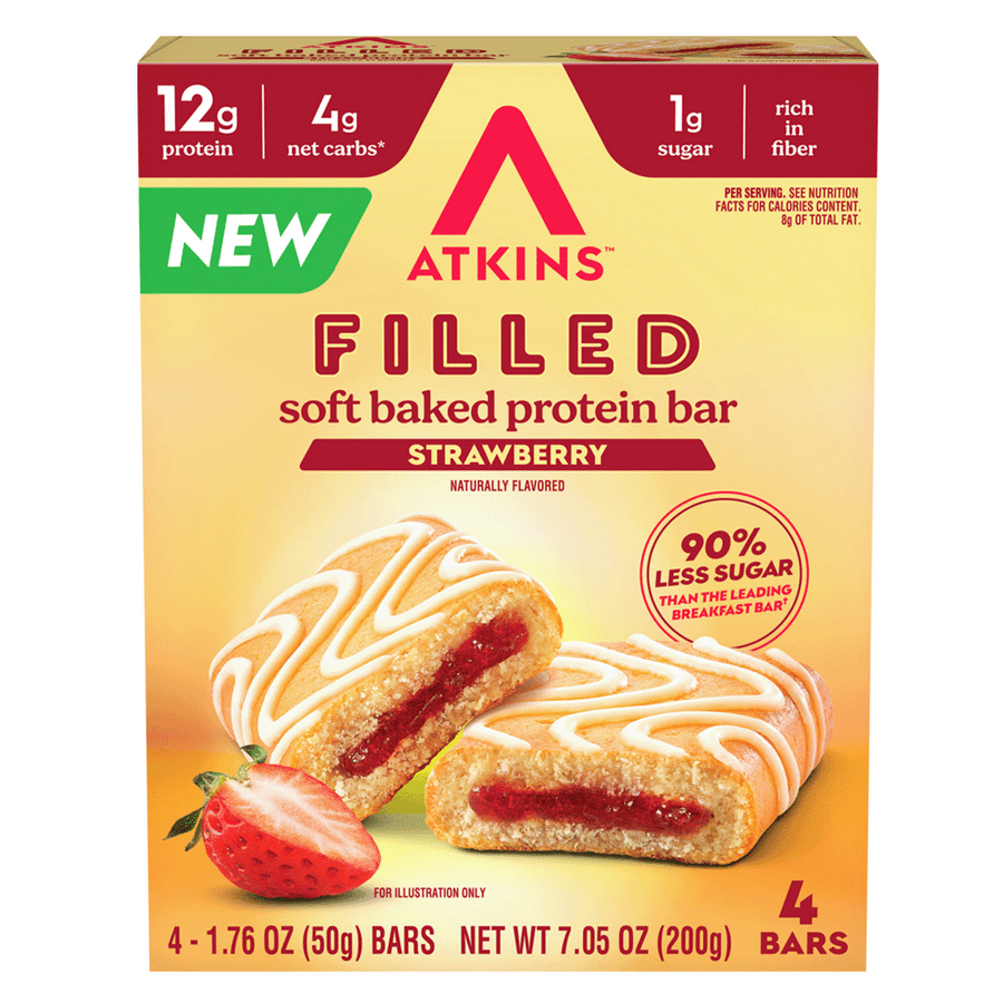 Front package of Atkins Filled Soft Baked Protein Bars, Strawberry, 4ct
