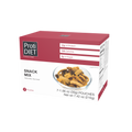 A red box of ProtiDIET Snack Mix displays a bowl of mixed snacks, highlighting 12g of protein, 130 calories, and 2g of sugar, with seven individual pouches included.
