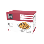 A red box of ProtiDIET Snack Mix displays a bowl of mixed snacks, highlighting 12g of protein, 130 calories, and 2g of sugar, with seven individual pouches included.