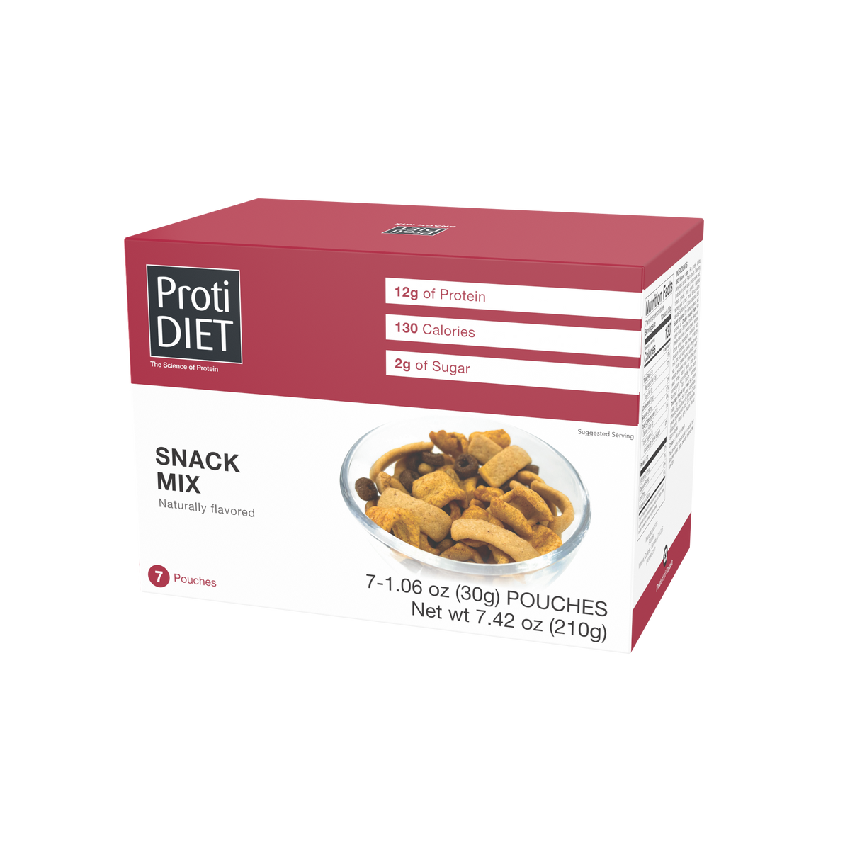 A red box of ProtiDIET Snack Mix displays a bowl of mixed snacks, highlighting 12g of protein, 130 calories, and 2g of sugar, with seven individual pouches included.