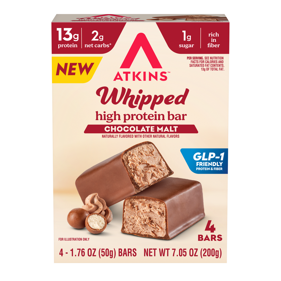 Front package of Atkins Whipped High Protein Bars, Chocolate Malt