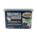 A container of Maxwell House Suisse Mocha Café instant beverage mix, labeled as decaf and sugar-free, features a steaming cup of coffee and coffee beans on the front.