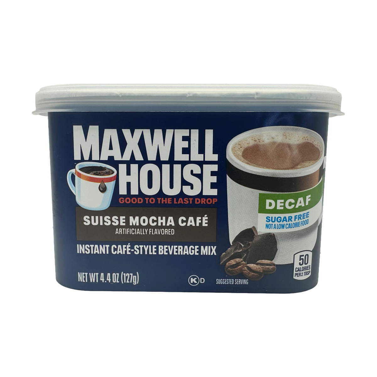 A container of Maxwell House Suisse Mocha Café instant beverage mix, labeled as decaf and sugar-free, features a steaming cup of coffee and coffee beans on the front.