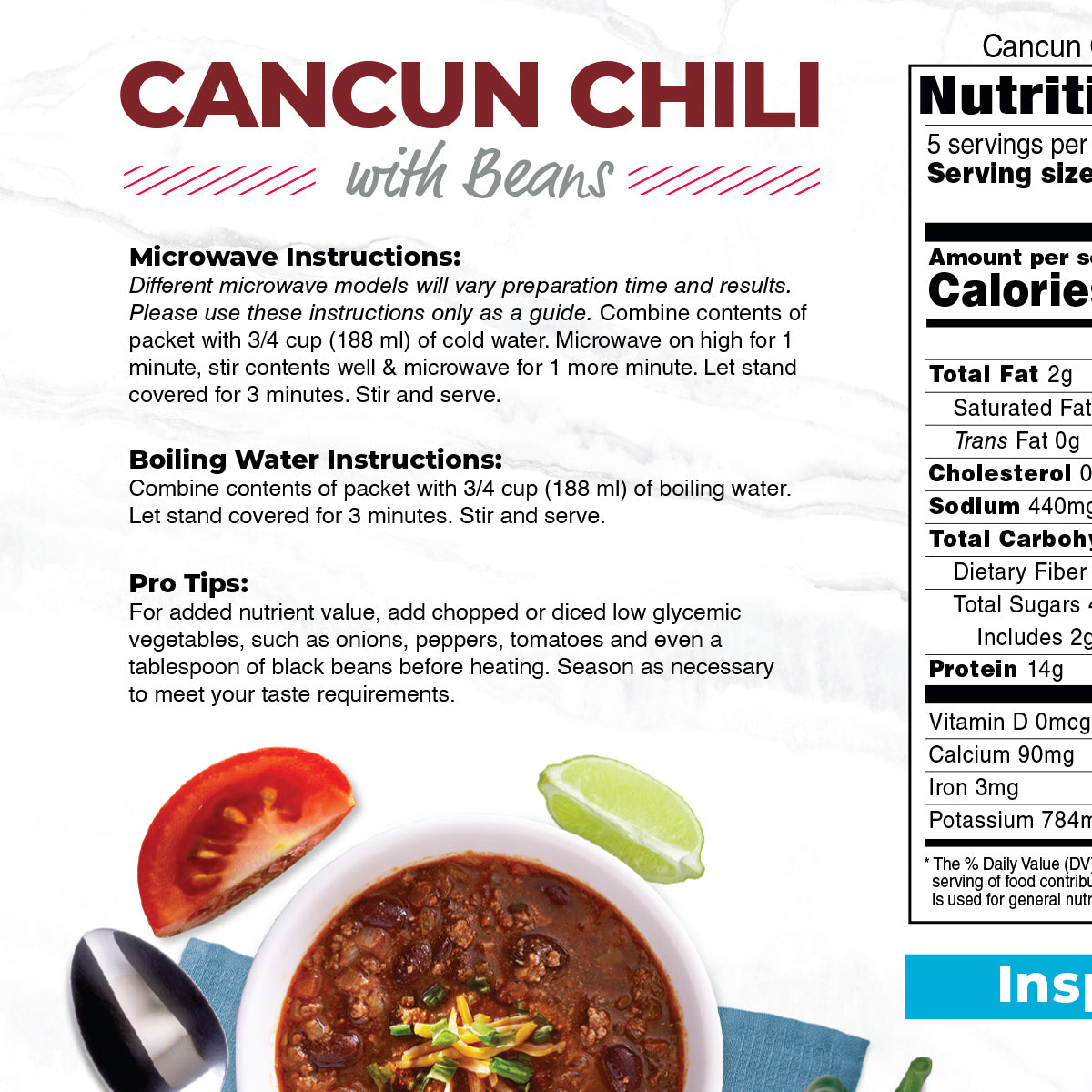 Inspire Cancun Chili microwave and boiling-water preparation directions.