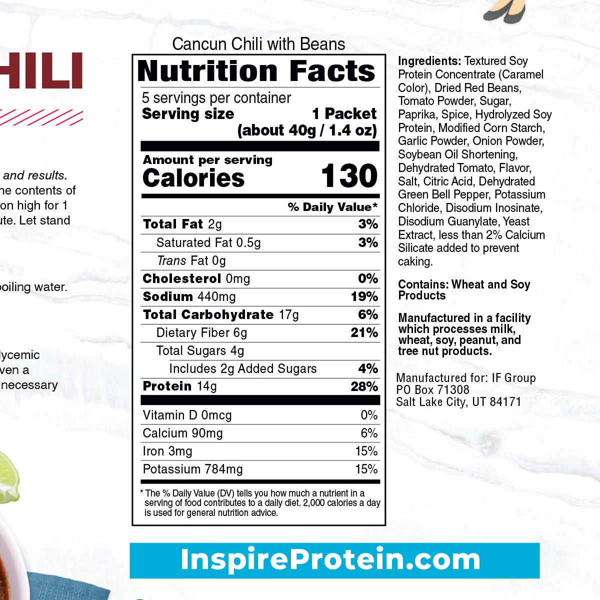 Inspire Cancun Chili Nutrition Facts, ingredients, and wheat and soy allergen statement.