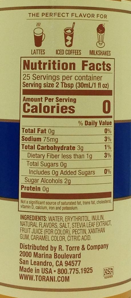 Torani Puremade Zero Sugar Syrup - Caramel 750 ml (25.4 oz)