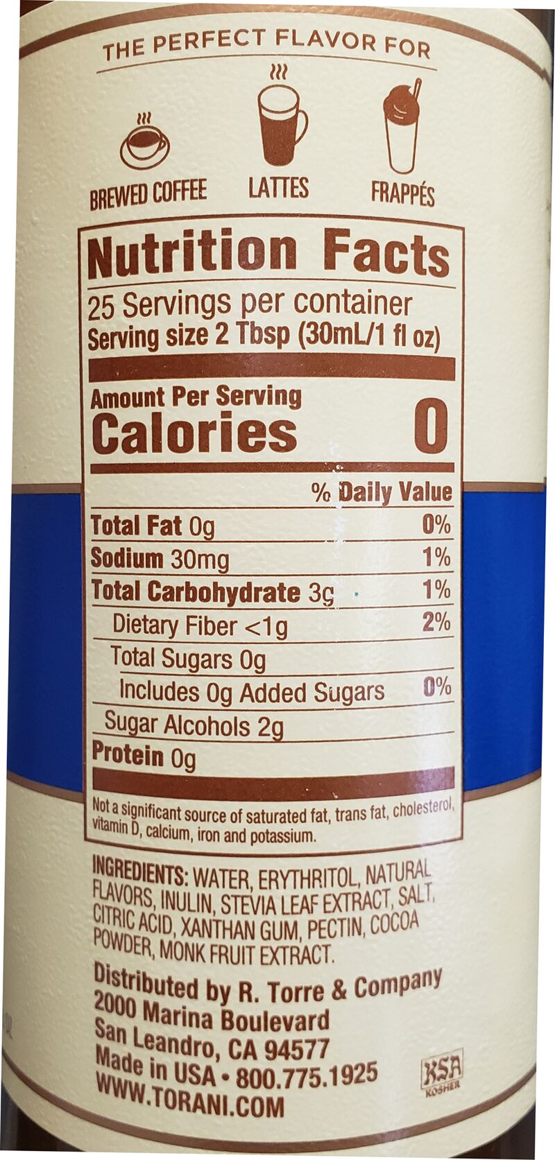 Torani Puremade Zero Sugar Syrup - Chocolate 750 ml (25.4 oz)