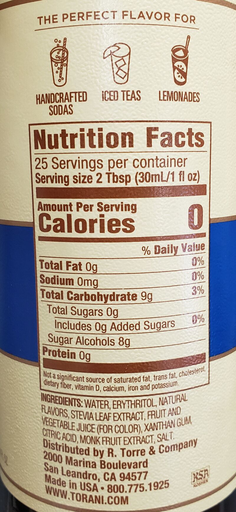 Torani Puremade Zero Sugar Syrup - Raspberry 750 ml (25.4 oz)