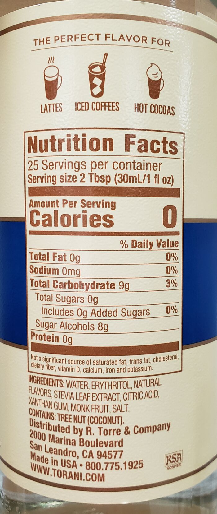 Torani Puremade Zero Sugar Syrup - Coconut 750 ml (25.4 oz)