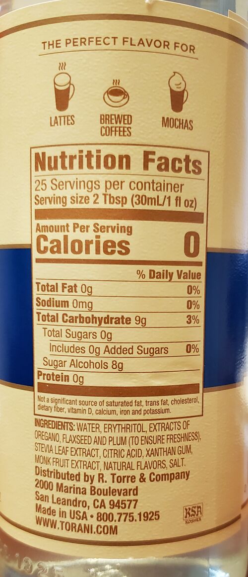 Torani Puremade Zero Sugar Syrup - Peppermint 750 ml (25.4 oz)