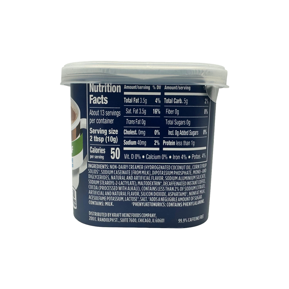 A plastic container displays nutrition facts for a non-dairy creamer, highlighting serving size, calories, and ingredients, with a dark background emphasizing the text.