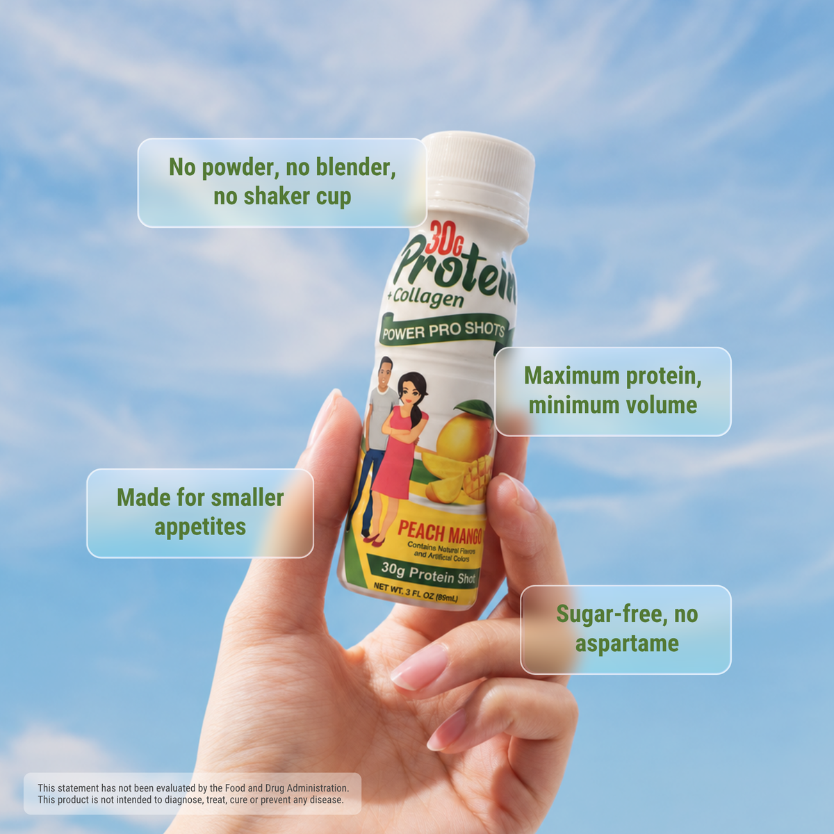 A hand holds a bottle of peach mango protein collagen shot against a blue sky, highlighting features like "sugar-free," "made for smaller appetites," and "maximum protein, minimum volume."