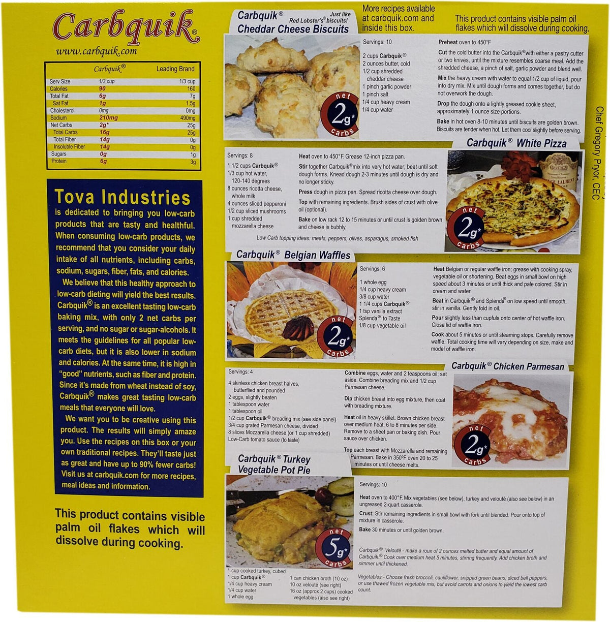 A bright yellow product information sheet for Carbquik features recipes for low-carb dishes like Cheddar Cheese Biscuits, White Pizza, Belgian Waffles, Chicken Parmesan, and Turkey Vegetable Pot Pie, highlighting nutritional details.