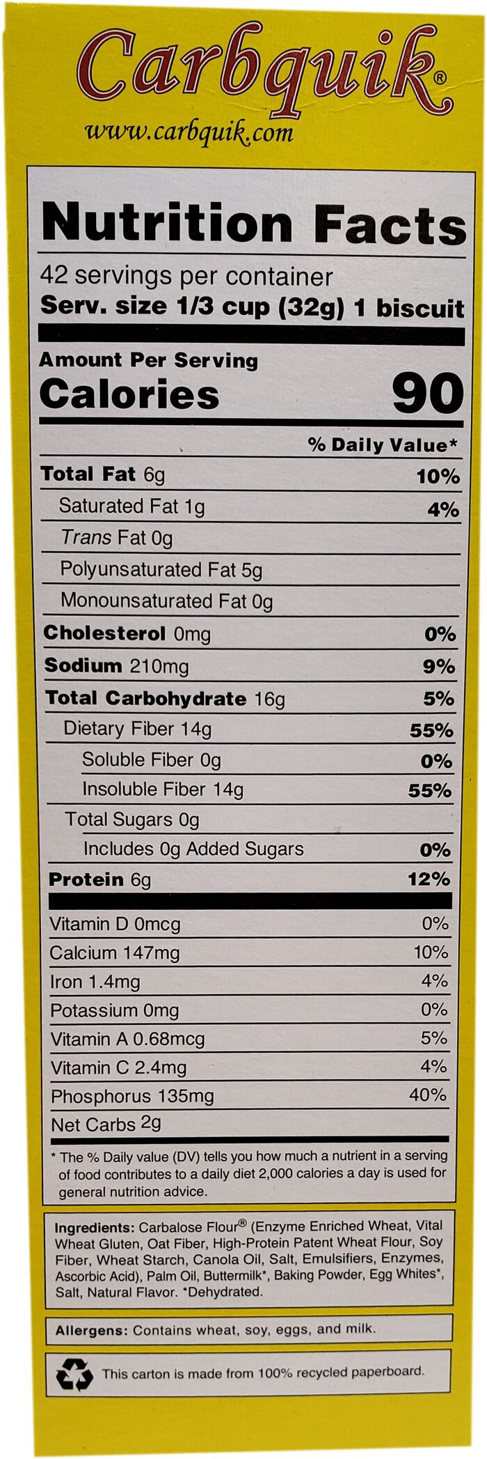 A bright yellow box labeled "Carbquik" displays detailed nutrition facts, including calories, fats, carbohydrates, and protein content, along with ingredients and allergen information.