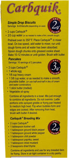 A bright yellow packaging label for Carbquik features recipes for simple drop biscuits and pancakes, listing ingredients, preparation steps, and nutritional information, including low-carb details.