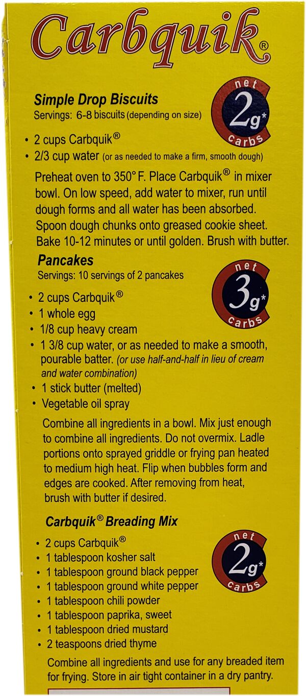 A bright yellow packaging label for Carbquik features recipes for simple drop biscuits and pancakes, listing ingredients, preparation steps, and nutritional information, including low-carb details.