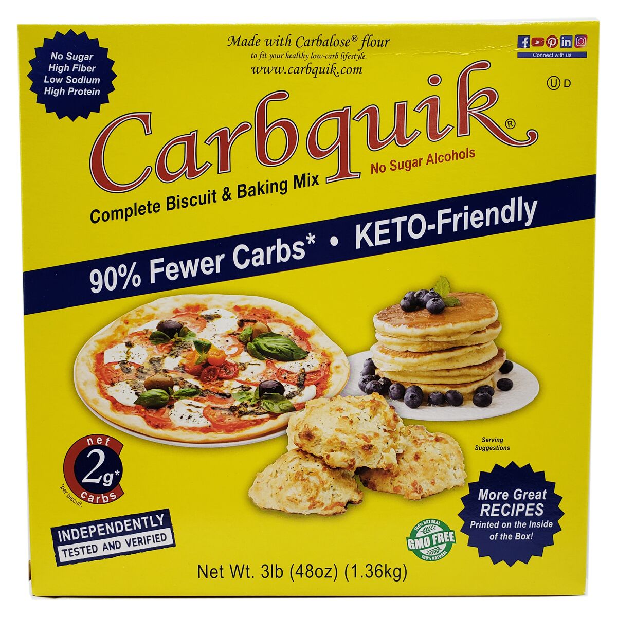 A bright yellow box of Carbquik baking mix features images of a pizza, pancakes, and biscuits, highlighting its low-carb, keto-friendly benefits and nutritional claims.